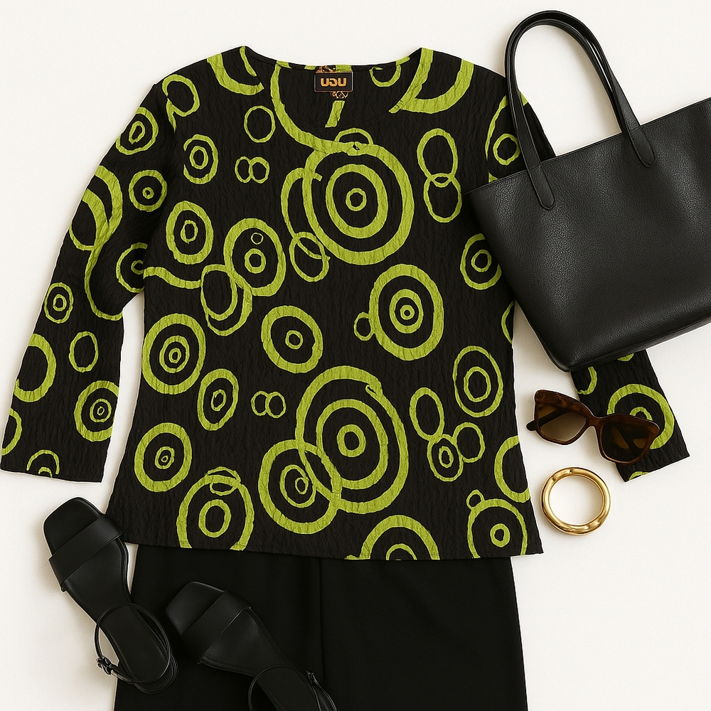VTG UbU Crinkle Blouse•Neon Lime Concentric Circles• Art-to-Wear Size Medium